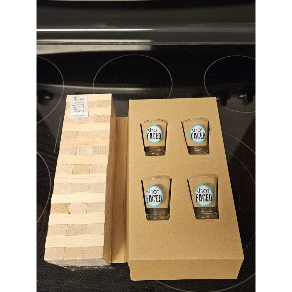 Tipsy Tower Drinking Game Set Of 54 Stacking Wooden Blocks & 4 Shot Glasses
